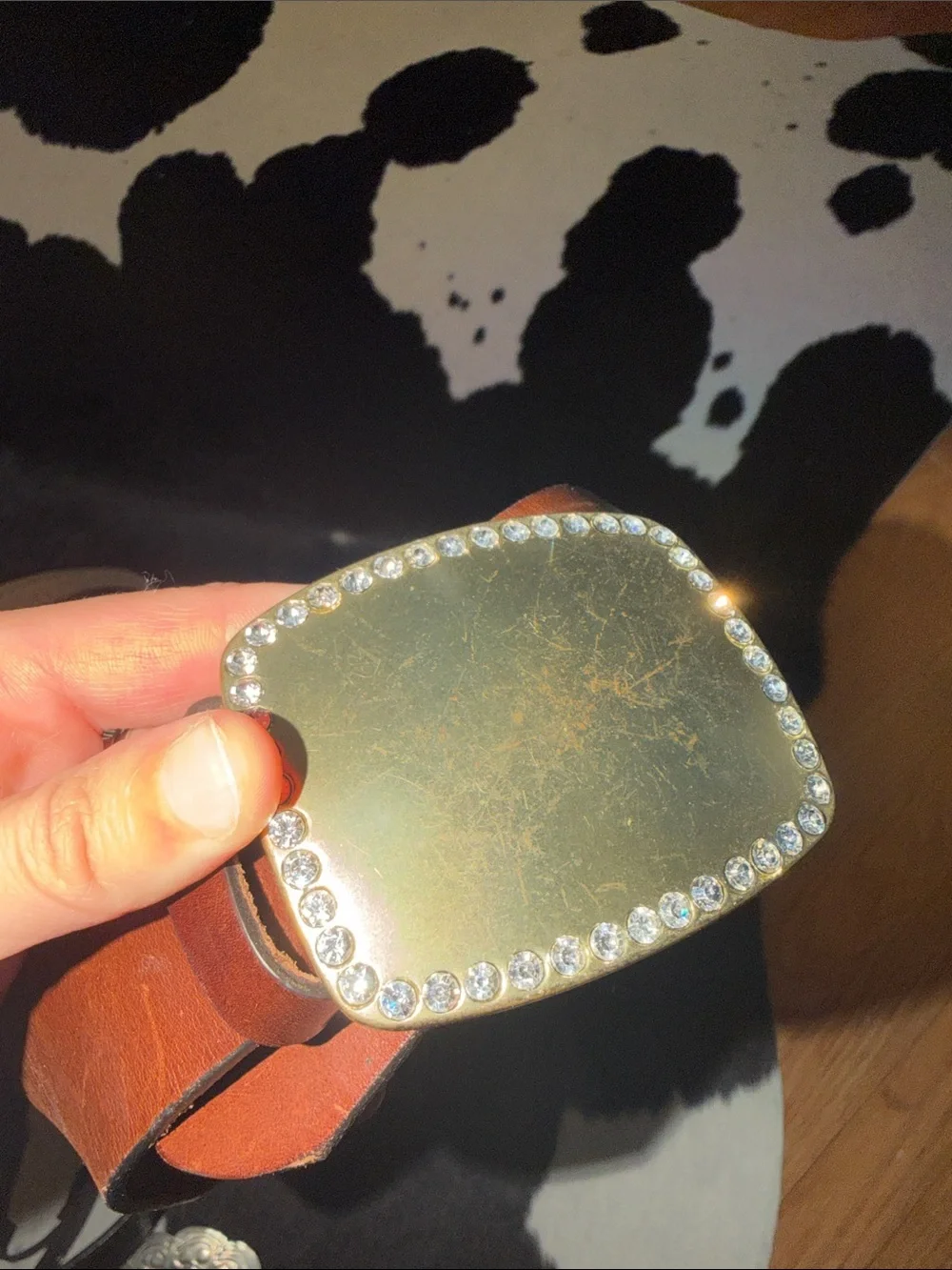 Vintage Y2K GAP Brown Leather Belt Gold Rhinestone Buckle, size small